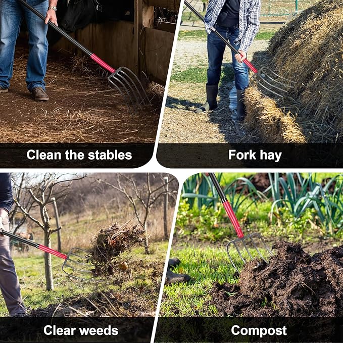 5-Tine Pitch Fork Garden Forks Heavy Duty Manure Fork Pitchfork with Long Fiberglass Handle for Garden Farm Yardwork,58 inches
