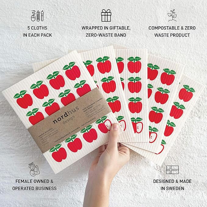 Nordhus Design Swedish Dishcloths, 5 Apple Cloths, Made in Sweden - Reusable, Washable Cellulose Cotton Kitchen Cloths - Replace Paper Towels, Wipes, Sponges, Dish Rags
