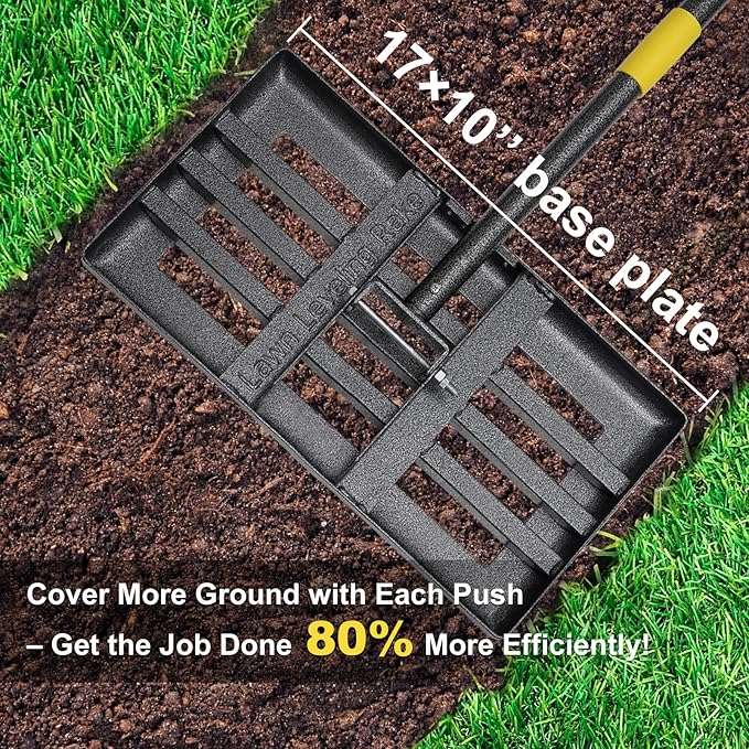 Lawn Leveling Rake - Heavy Duty 17"x10" Stainless Steel Lawn Leveler | Adjustable 28-72" Handle, Reinforced Welds & Smooth Edge for Soil, Dirt,Ground,Yard Top Dressing,Landscaping