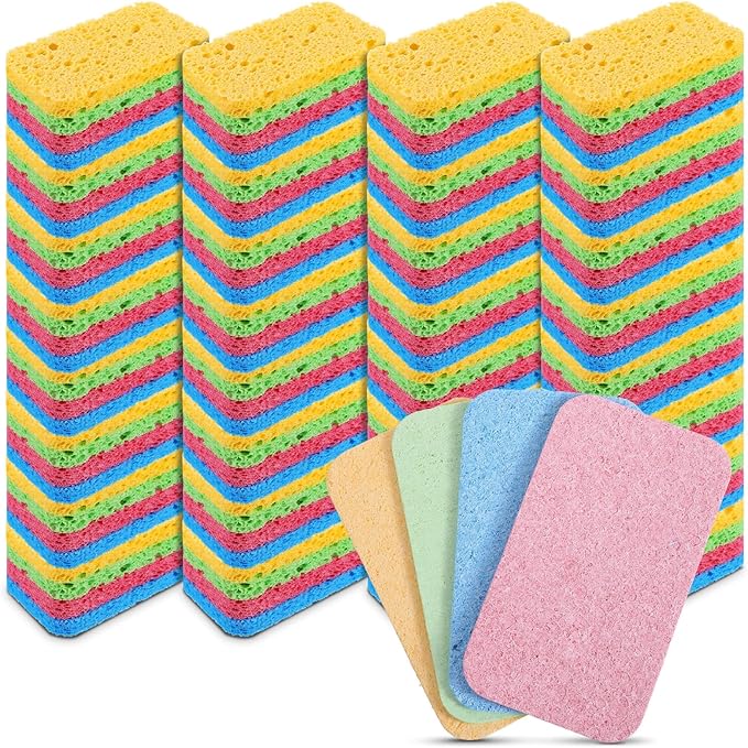 100 Pcs Kitchen Sponge Bulk Natural Sponges for Dishes Compressed Sponges Wood Pulp Cleaning Sponge Without Scratching for Kitchen Bathroom, 3.9 x 2.4 x 0.4 Inch (4 Colors)