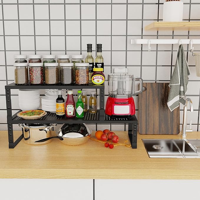 Expandable Adjustable Stackable Kitchen Organizer, Spice Rack,Metal Pantry Storage Shelves Racks,Counter Shelf for Cabinets, Countertop, Cupboard (3 Packs/Large/Black)