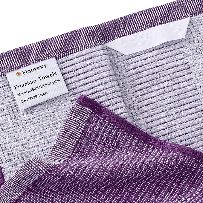 Homaxy Premium Kitchen Towels(18”x 28”, 12 Pack), Large Cotton Kitchen Hand Towels, Flat and Terry Dish Towels, 380 GSM Highly Absorbent Tea Towel Set with Hanging Loop, Purple