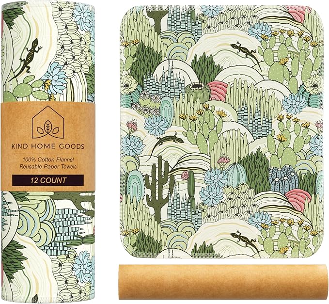 Reusable Paper Towels (12"x10”) - Soft Absorbent 100% Cloth Paper Towels- Washable Paper Towels Rolls w/Cardboard Roll - Napkins Washable - Dish Cloths (Cactus, 12x10inch)