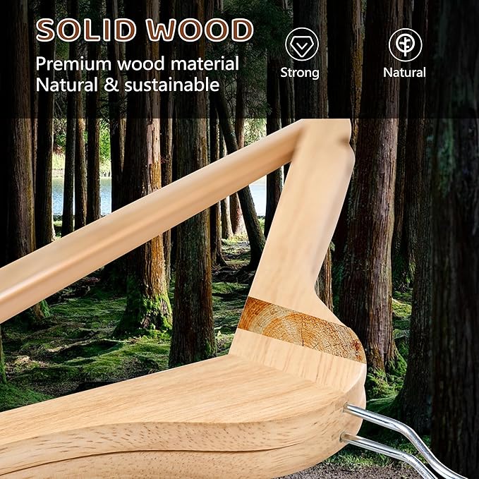 Edergoo Wooden Hangers 30 Pack, Durable Wood Hangers with 360° Swivel Hook & Notches, Slim Coat Hanger Wooden for Closet, Smooth Wood Clothes Hanger with Pant Bar, Natural