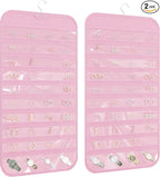 2 Pack Hanging Jewelry Organizer 80-Pocket Dual-sided Jewelry Storage for Earring Necklace Bracelet Ring Travel Holder, Pink