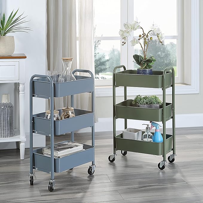 SunnyPoint 3-Tier Delicate Compact Rolling Metal Storage Organizer - Mobile Utility Cart Kitchen/Under Desk Cart with Caster Wheels - Army (15.35" X 10.24" X 26.8"H)