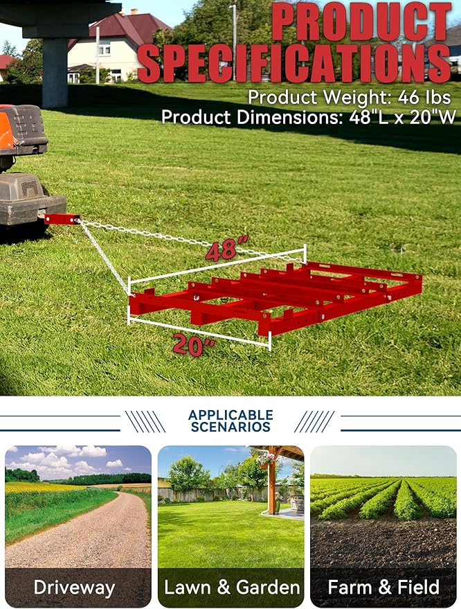 4ft Heavy Duty Drag Harrow for ATV, UTV, Tractor - Adjustable Tow Behind Leveling Rake with Weight Tray for Driveway Grader, Lawn, Field, Pasture, Food Plot Maintenance, Red(48 inch)