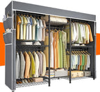 Raybee Clothes Rack with Cover,Clothing Racks for Hanging Clothes Heavy Duty,Portable Closet with Shelves,Adjustable,Loads 905 LBS,Black,75" W*17.8" D*77" H