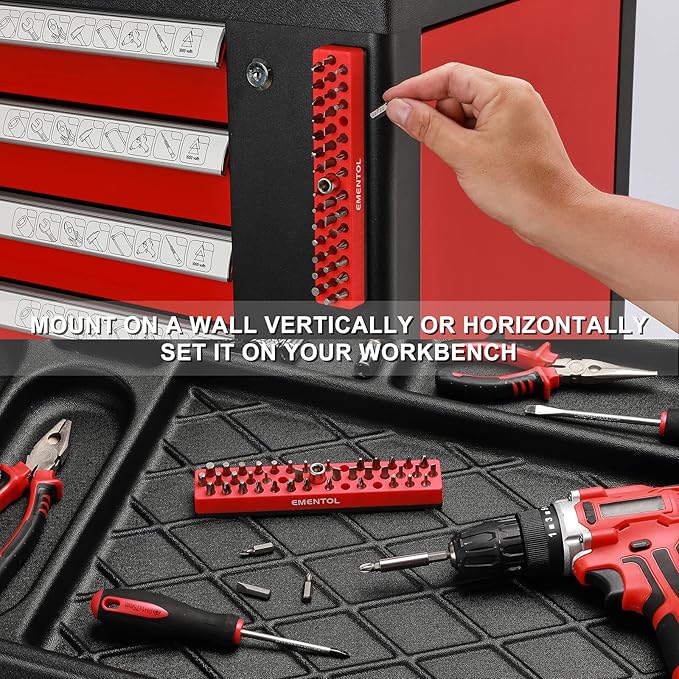 EMENTOL 1/4" Magnetic Bits Holder - Red, 43PCS Hole, Bit Organizer with Strong Magnetic, Magnetic Bits Organizer