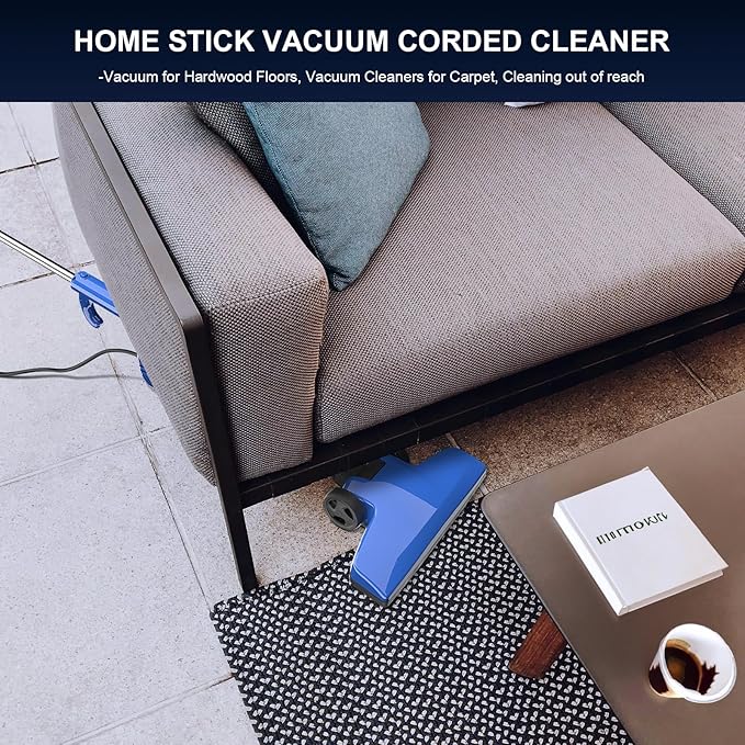 Stick Lightweight Vacuum Cleaner for Home & Apartment, Corded Handheld vac Cleaners with Crevice Tool, Perfect Household Vacuum Cleaners for Carpet, pet Hair, Hardwood Floor (Blue)