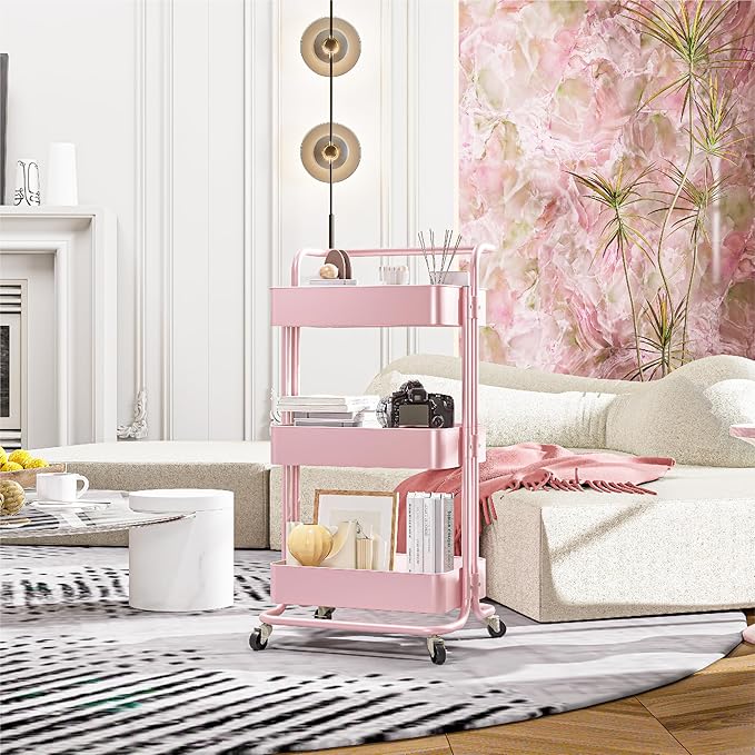 Metal Rolling Storage Cart, 3-Tier Utility Cart with Wheels, Multifunctional Organizer Storage for Kitchen, Bedroom, Office, Laundry Room, Dorm Room Essentials (Pink)