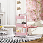 Metal Rolling Storage Cart, 3-Tier Utility Cart with Wheels, Multifunctional Organizer Storage for Kitchen, Bedroom, Office, Laundry Room, Dorm Room Essentials (Pink)