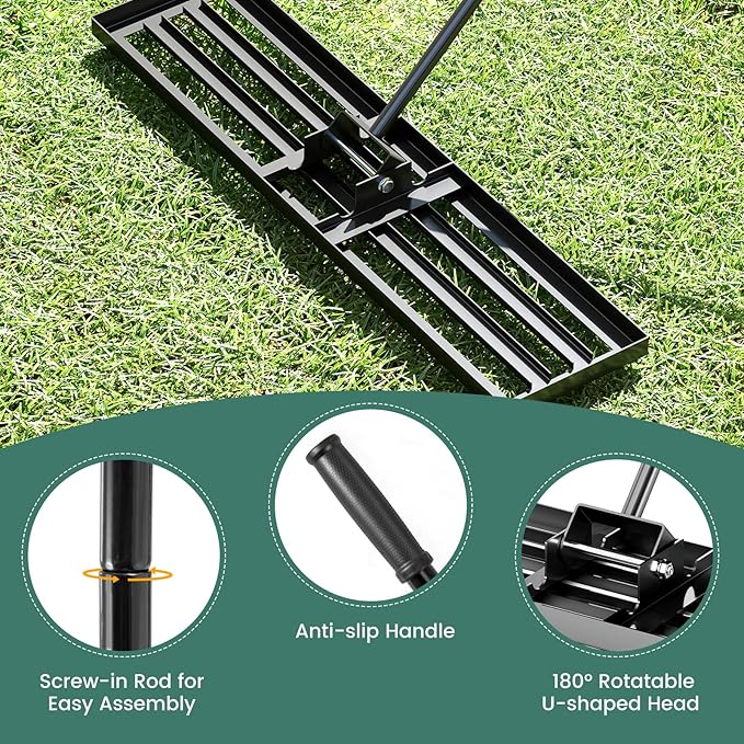Goplus Lawn Leveling Rake, 42" x 10" Heavy Duty Level Lawn Tool w/ Ergonomic Handle for Soil, Effort-Saving Landscape Rake for Garden, Backyard, Golf Course, Farm, Pasture, Black
