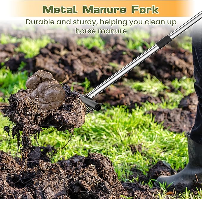Manure Fork - Metal Horse Manure Rake with 2 Durafork Replacement Heads and 1 Steel Handle, Rustproof Heavy Duty Hay Pitch Fork for Horse Stall Poop