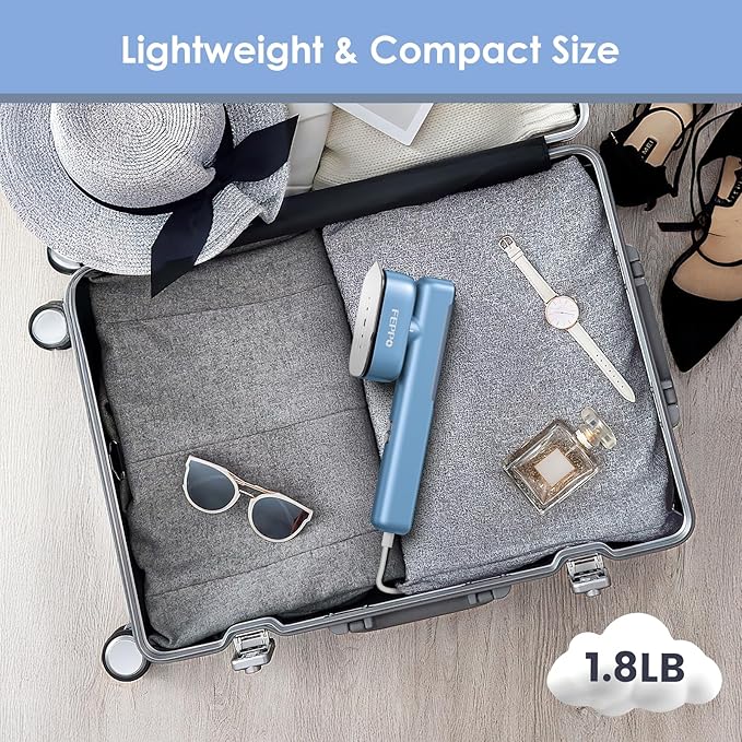 FEPPO Travel Steamer for Clothes, 110-240V Dual Voltage Portable Steamer & Iron 2 in 1, Fast Heat Up, 1100W Powerful Garment Steamer, Large Ceramic Heat Panel for Home & Global & Europe Traveling