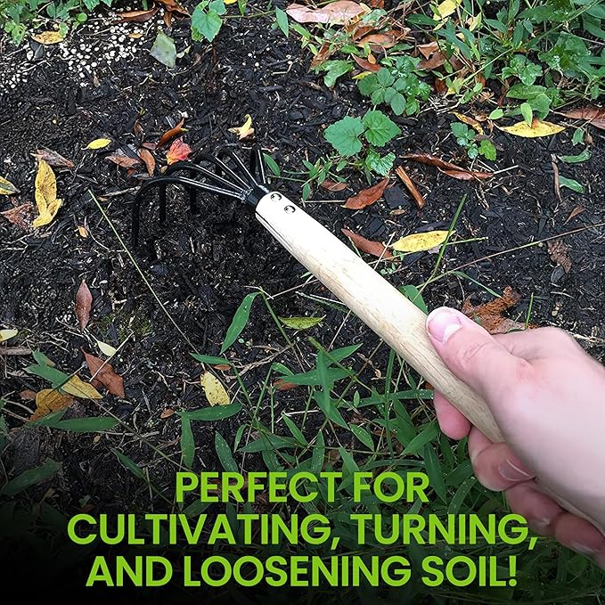 Garden Guru Hand Rake Cultivator Claw Soil Tiller - Military Grade Steel - Rust Resistant - 5 Tine Japanese Ninja Claw - Comfortable Wood Handle - Perfect Pulverized and Aerated Soil