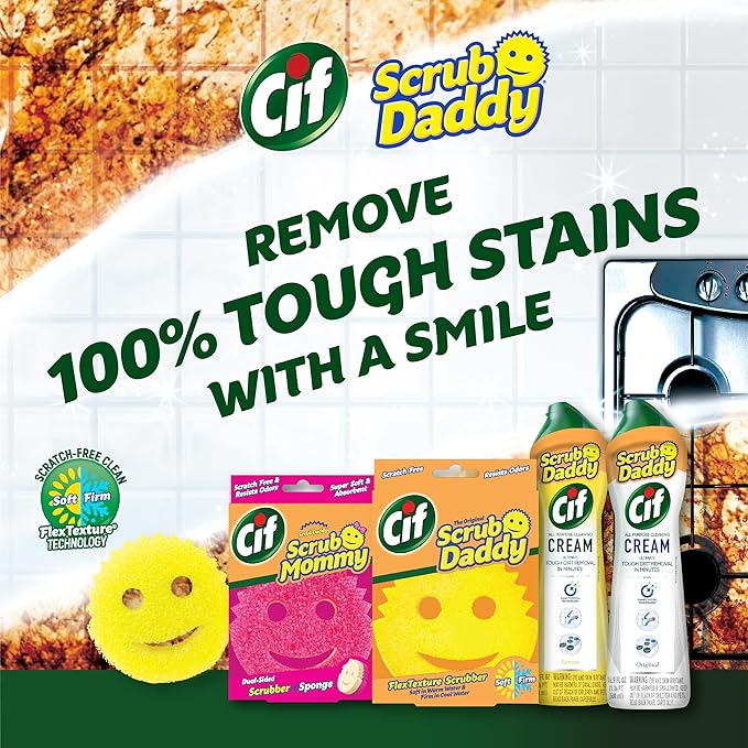 Scrub Daddy Cleaning Supplies Kit - Cif Floral Bundle - Includes Scrub Mommy Dish Sponges, Microfiber Towels, Kitchen Sink Caddy & Cif Cream All Purpose Cleaner, Pink Lilly (9 Count)