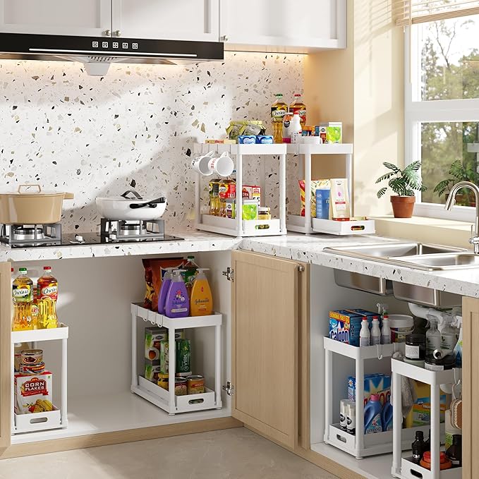 2PC Under Sink Organizer Rack 2 Tier Under Sliding Cabinet Basket Organizer Drawer with 4 Hooks, Multi-purpose Under Sink Storage for Bathroom Kitchen Desktop（White）