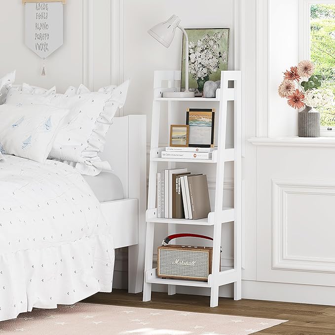 UTEX 4-Tier Ladder Shelf, Bathroom Shelf Freestanding, 4-Shelf Spacesaver Open Wood Shelving Unit, Ladder Shelf (White)