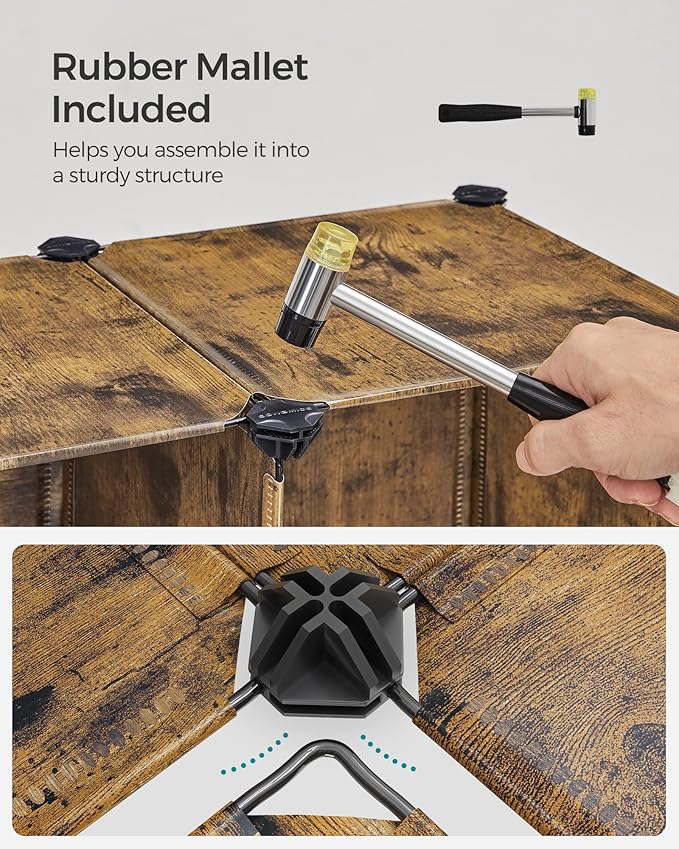 SONGMICS 6 Cube Storage Organizer, Modular Bookshelf, DIY Closet Organizers and Storage, Plastic Stackable Shelves, 14.6 x 13 x 13 Inch Cubes, with Feet and Rubber Mallet, Rustic Brown ULPC206A01