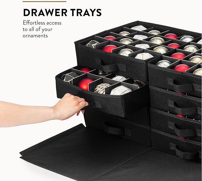 Premium Large Christmas Ornament storage Box, with Side Open, Drawer Style Trays - 3" Compartment, 8 Trays, Keeps 128 Holiday Ornaments & Xmas Accessories, Storage Container Made Of 600D Oxford Fabric
