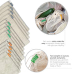12+1 Reusable Produce Bags Grocery Washable, Organic Cotton Mesh Produce Bags, Double-Stitched & Tare Weigh, Mesh bags for vegetables, Cotton Produce Bags Reusable Washable, Produce bag 4xS, 4xM, 4xL