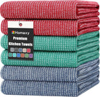 Homaxy Premium Kitchen Towels(18”x 28”, 6 Pack), Large Cotton Kitchen Hand Towels, Flat and Terry Dish Towels, 380 GSM Highly Absorbent Tea Towel Set with Hanging Loop, Navy Blue/Red/Green