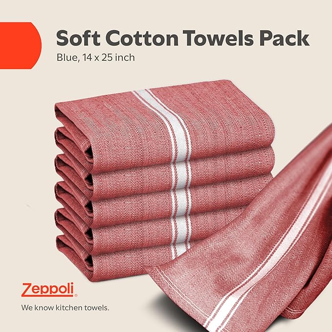 Zeppoli Classic 15 Pack 100% Natural Cotton Kitchen Towel Set, Reusable Wash Cloths, Absorbent Dish Towels, Machine Washable Hand Towels, Kitchen Essentials - 14' by 25' - Red Base