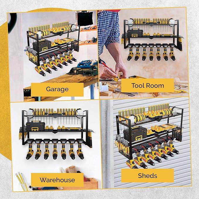 3 Shelf 7 Drill Holder Power Tool Organizer Wall Mount, Tool Storage Rack for Garage, Pegboard, Workshop walls | Compatible for all type of Cordless Power tools Comes With J hooks for Cords