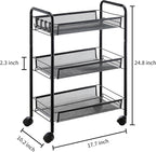 JANE EYRE 3-Tier Rolling Utility Storage Rack Cart on Wheels, Trolley Craft cart, Multi-Purpose Organizer Shelf, Black