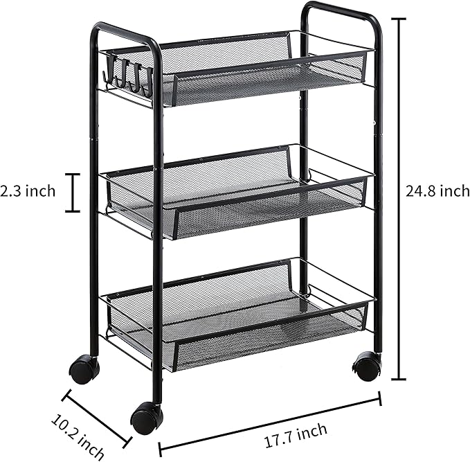 JANE EYRE 3-Tier Rolling Utility Storage Rack Cart on Wheels, Trolley Craft cart, Multi-Purpose Organizer Shelf, Black