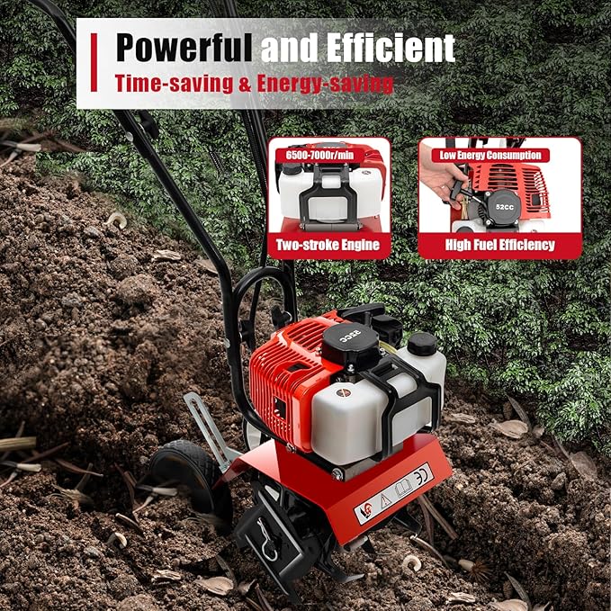 Mini Tiller Cultivator, Powerful 52cc Two-Stroke Single-Cylinder Gasoline Engine, Gear Drive Transmission, Height Adjustable Wheels, for Gardening RED