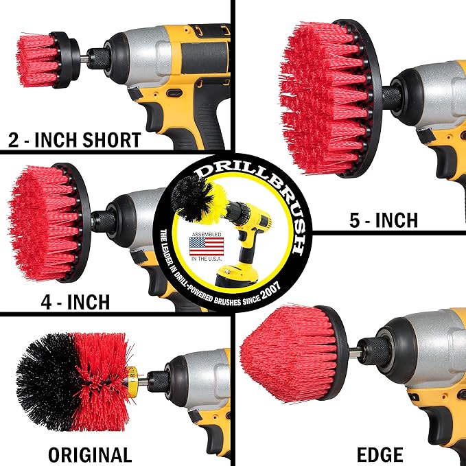 Drillbrush Red Stiff Nylon Bristle Cleaning Brush Set - 5 Piece Drill Attachment Kit - Floor, Roof Cleaner - Household Tools