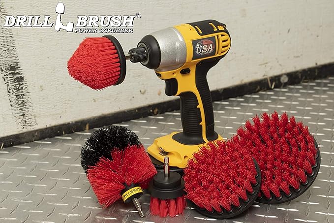 Drillbrush Red Stiff Nylon Bristle Cleaning Brush Set - 5 Piece Drill Attachment Kit - Floor, Roof Cleaner - Household Tools