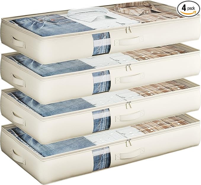 Soft-Sided Foldable Under bed Storage Bags with Window,No Rigid Frame Closet Organizers,Storage Containers for Blankets, Clothing, Comforter, Collapsible Fabric Design,4 Pack, White Ivory