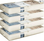 Soft-Sided Foldable Under bed Storage Bags with Window,No Rigid Frame Closet Organizers,Storage Containers for Blankets, Clothing, Comforter, Collapsible Fabric Design,4 Pack, White Ivory