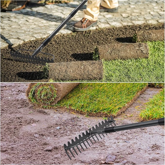 48'' Heavy Duty Garden Rake with Stainless Steel Handle, Metal Head for Loosening Soil, Gathering Leaves, Leveling Lawns