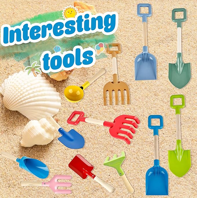12 Pieces Kids Beach Sand Tools Long Beach Shovel Spade Sand with Sturdy Wooden Handle Safe Garden Tools Including Spoon, Fork, Rake, Flat, Pointed Shovel Cylinder Spoon Gifts for Kids
