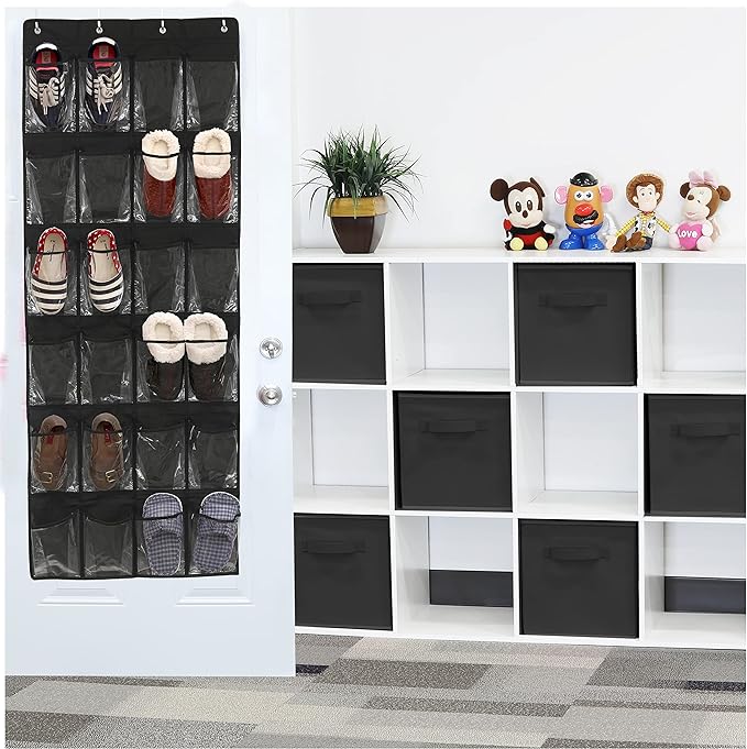 Simple Houseware 24 Pockets - Crystal Clear Over The Door Hanging Shoe Organizer, Black (64'' x 19'')