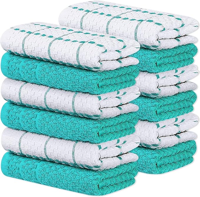Zeppoli Classic Kitchen Towels - 12 Pack 100% Natural Cotton Towel Set, Reusable Wash Cloths, Absorbent Dish Towels, Machine Washable Hand Towels, Kitchen Essentials - 15” by 25” - Aqua
