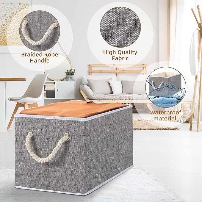 Yawinhe Foldable Fabric Storage Cubes 3-Pack, Collapsible Bins with Rope Handle, Large Closet Organizers for Shelves, Closets, Clothes, 14.96''Lx9.84''Wx8.26''H, Grey