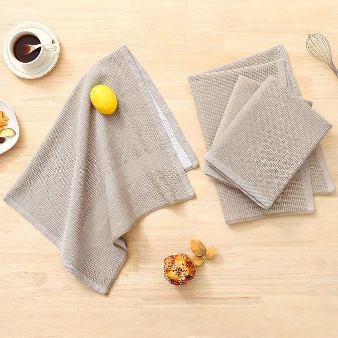 Homaxy Premium Kitchen Towels(18”x 28”, 12 Pack), Large Cotton Kitchen Hand Towels, Flat and Terry Dish Towels, 380 GSM Highly Absorbent Tea Towel Set with Hanging Loop, Khaki
