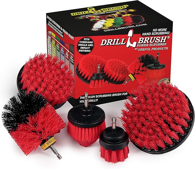 Drillbrush Red Stiff Nylon Bristle Cleaning Brush Set - 5 Piece Drill Attachment Kit - Floor, Roof Cleaner - Household Tools
