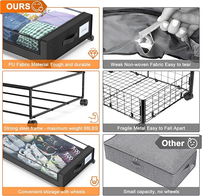 Under Bed Storage with Wheels, 2-Pack Under Bed Storage Containers with Clear Lids, XXL 60L Under the bed storage Organizer Bins, Rolling Under Bed Metal Drawer for Clothes,Shoes,Toys (Black, 2 Pack)