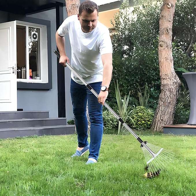 Garden Rake for Leaves, Heavy Duty Metal Adjustable Leaf Rake for Lawns, Length 37"-68", Adjustable Expandable Head 8"-15", Garden Tools for Lawn Garden Yard Flowers Beds Bush