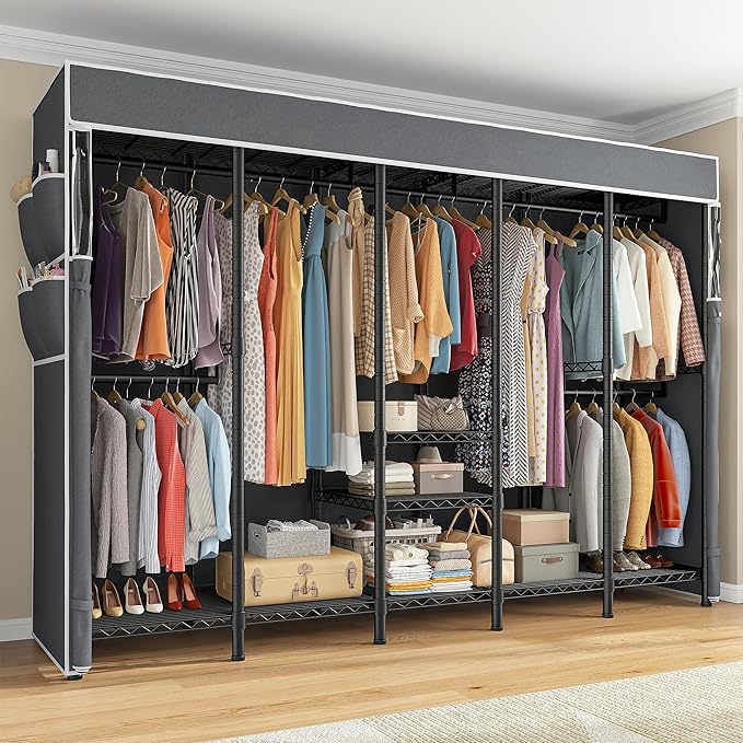 Raybee 90.6" W Clothes Rack with Cover Heavy Duty Clothing Racks for Hanging Clothes Extra Wide Portable Closet Loads 1200LBS Freestanding Garment Rack for Bedroom, Black