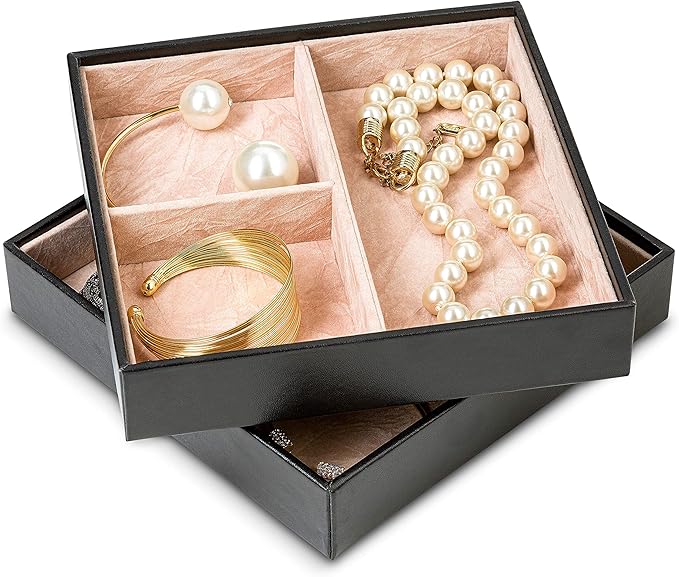 Jewelry Organizer Tray - Set of 2 - Stackable 6 Slots Jewelry Storage Trays - Display on Dresser or Drawer - Compatible with Other Glenor Trays - Black