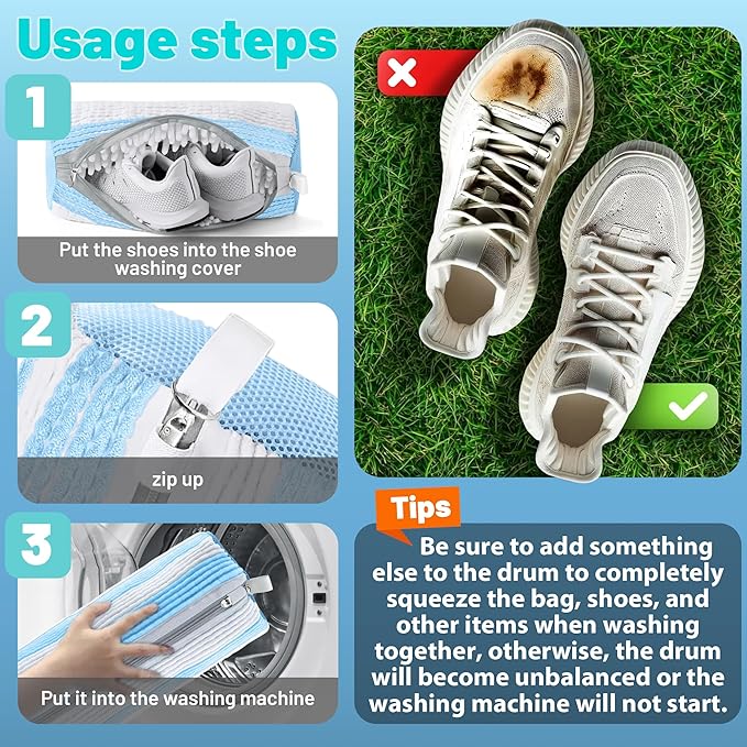 XXL Shoe Washing Machine Bag, Laundry Shoe Bag for Washer and Dryer, Laundry Shoe Bag Protect Sneaker, Running Shoes, Bras, Delicates and Toys, Includes 2 Shoes (BlueWhiteAlternating 2 Pack)