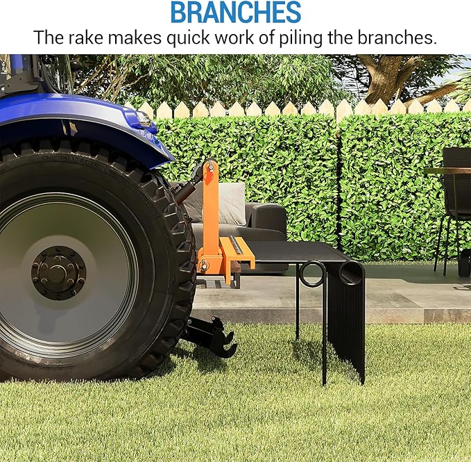 72" 3-Point Tractor Landscape Rake, Pine Straw & Yard Waste Cleaner, Cat 0/1 Hitch Compatible, Powder Coated Steel Blades, Orange