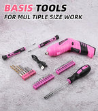 Pink Tool Set for Women, 126-Piece Lady's Power Screwdriver Cordless Rechargeable Set Home Repairing Tool Set with 13-Inch Wide Mouth Open Storage 126PCS 3.6V Electric Screwdriver Tool Bag